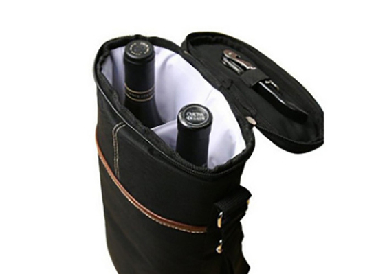 China Custom Black 2 Bottle Packing Wine Cooler Bag Polyester With Aluminum Foil factory