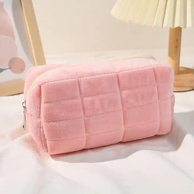 Pink Purple Yellow White Puffer Travel Organizer Soft Quilted Plush Makeup Brush Cosmetics Pouch Pink Puffy Toiletry bag