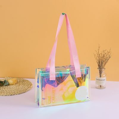 Premium PVC Handled Bags with Laser effect Customizable Shopping Bags with Logo Printing Waterproof TPU Iridescent Jelly Bags