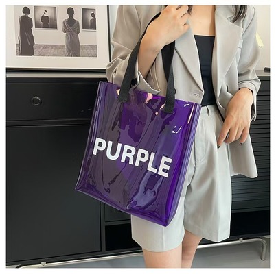 Custom Logo Jelly Color Pouch Glossy PVC Clear Handheld Shopping Bags Classic Purple Gift Packaging Waterproof Carry Bags