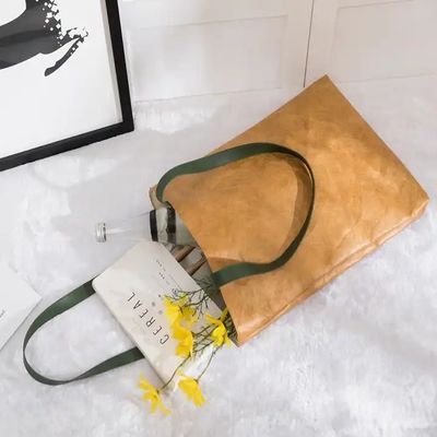 Brown Tyvek Paper Washable Tote Bags Sustainable Bio Degradable With Leather Handle Strap