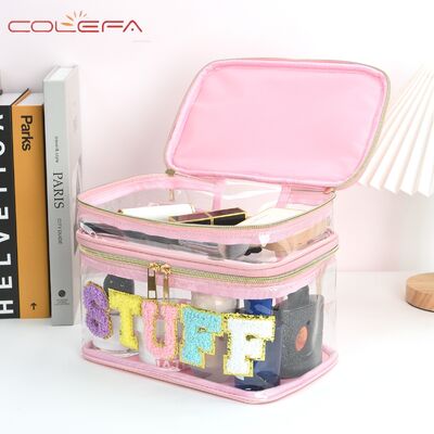Embroidered Alphabet Storage Pouch PVC Transparent Double-Layer Makeup Bag Travel Toiletry Large Capacity Cosmetic Case
