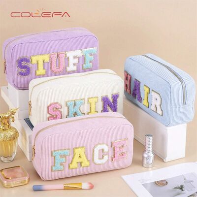 Customizable Embroidered Letter Storage Pouch Corduroy Made Cosmetic Bag Portable Toiletry Large Capacity Makeup Bags