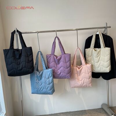Soft Tote Bag for Women Commuting & Study Use Lightweight Nylon+Cotton-Filled Shoulder Tote Bag Solid Color Waterproof Handbag