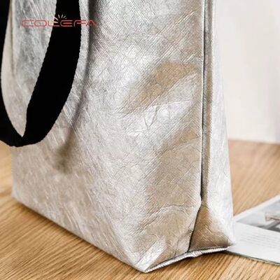 DuPont Paper Bag with Silver Colored with Custom-Printed Logo Side-Handled Tote Bag No Bottom Large Capacity Carry Paper Bag