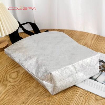 DuPont Paper Bag with Silver Colored with Custom-Printed Logo Side-Handled Tote Bag No Bottom Large Capacity Carry Paper Bag