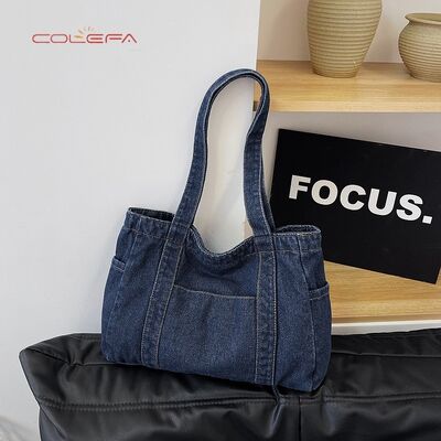 Denim Tote Bag 2026 New Korean Style Fashionable Casual Shoulder Bag Large Capacity Literary Style Commuting Tote Bags with LOGO