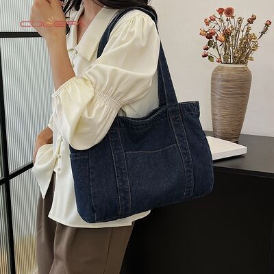 Denim Tote Bag 2026 New Korean Style Fashionable Casual Shoulder Bag Large Capacity Literary Style Commuting Tote Bags with LOGO
