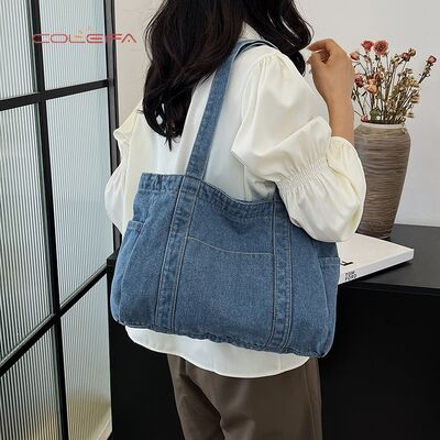 Denim Tote Bag 2026 New Korean Style Fashionable Casual Shoulder Bag Large Capacity Literary Style Commuting Tote Bags with LOGO