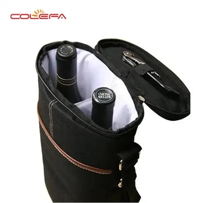 Custom Black Carry 2 Bottle Packing Polyester Thermal Collapsible Wine Bottle Carrier Cooler Bag With Dividers
