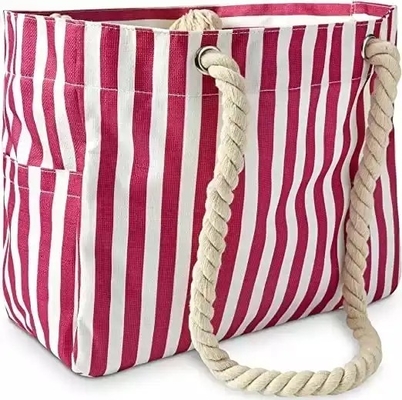 Custom Printed Waterproof Stripe Cotton Canvas Beach Bag With Grommet Rope Handle
