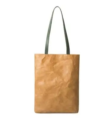 Brown Tyvek Paper Washable Tote Bags Sustainable Bio Degradable With Leather Handle Strap