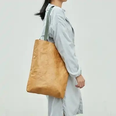 Brown Tyvek Paper Washable Tote Bags Sustainable Bio Degradable With Leather Handle Strap