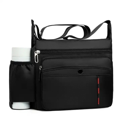 Black OEM ODM Messenger Crossbody Bag With Bottle Holder Pocket