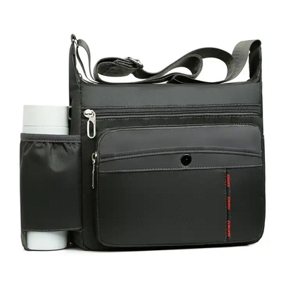 Black OEM ODM Messenger Crossbody Bag With Bottle Holder Pocket