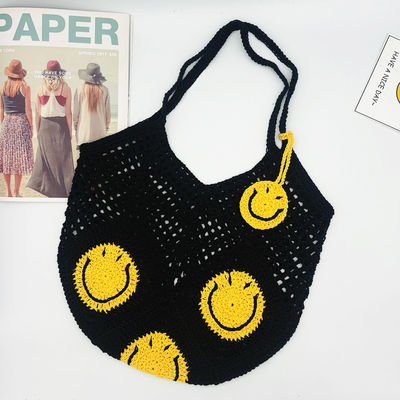 Smiley Face Openwork Cotton Yarn Knit Bag Summer Large Capacity Women's Tote Bag Vacation Crochet Single-Shoulder Mesh Tote