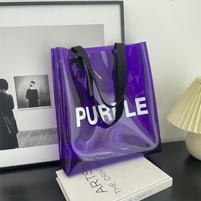 Custom Logo Jelly Color Pouch Glossy PVC Clear Handheld Shopping Bags Classic Purple Gift Packaging Waterproof Carry Bags