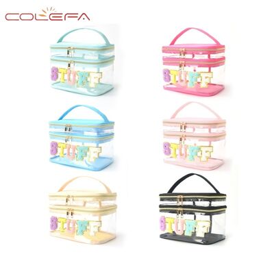 Embroidered Alphabet Storage Pouch PVC Transparent Double-Layer Makeup Bag Travel Toiletry Large Capacity Cosmetic Case