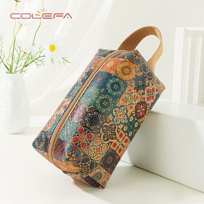 New Casual Fashion Women's Cosmetic Bag Ethnic-Style Handheld Large-Capacity Eco Bark Cork Makeup Bag Rectangular Storage Pouch