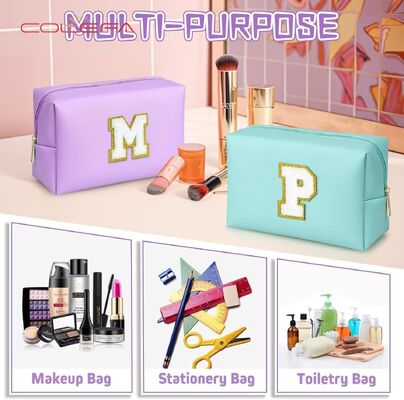 26 Embroidered Letter PU Leather Made Cosmetic Toiletry Bag Large Capacity Octagonal Travel Organizer Makeup Clutch