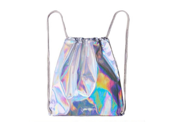 Custom personalized silver shinny laser backpack custom waterproof nylon drawstring backpack for women